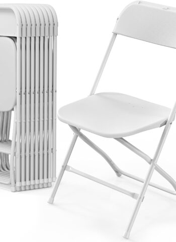 VINGLI 10 Pack White Plastic Folding Chair, Indoor Outdoor Portable Stackable Commercial Seat with Steel Frame 350lb. Capacity for Events Office Wedding Party Picnic Kitchen Dining