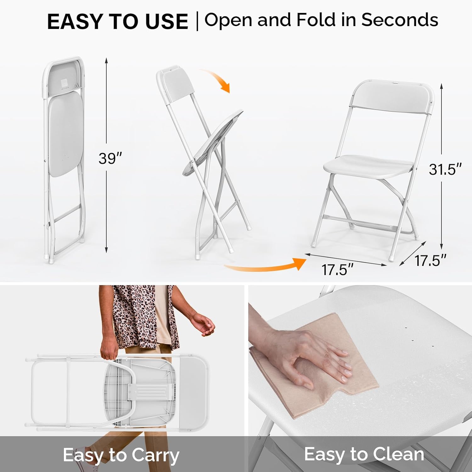 VINGLI 10 Pack White Plastic Folding Chair, Indoor Outdoor Portable Stackable Commercial Seat with Steel Frame 350lb. Capacity for Events Office Wedding Party Picnic Kitchen Dining - Image 3