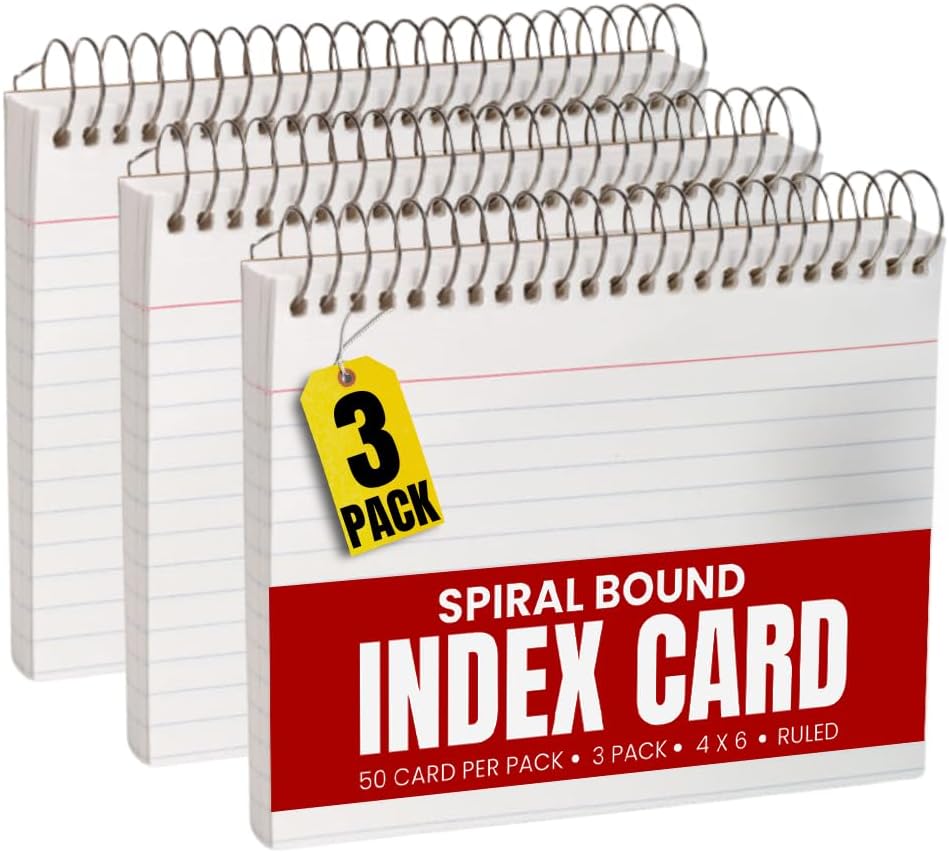 1InTheOffice Spiral Bound Index Cards 4x6 Ruled, White, 50 Cards/Pack, 3 Packs