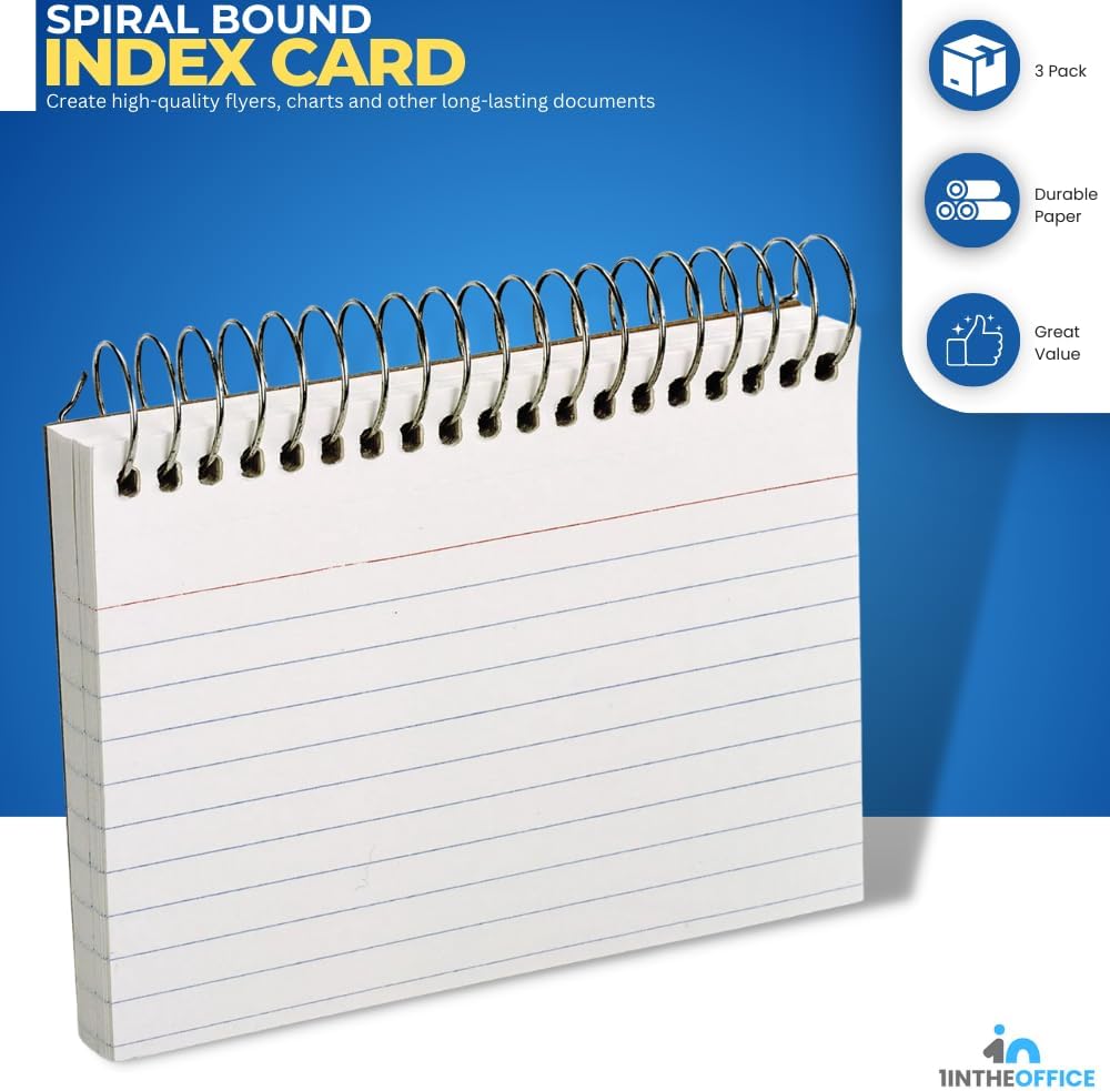 1InTheOffice Spiral Bound Index Cards 4x6 Ruled, White, 50 Cards/Pack, 3 Packs - Image 2